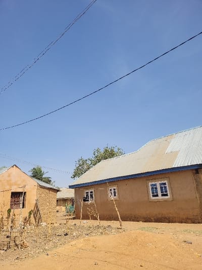 The image displays an outdoor scene within a residential area of Udu, Nigeria. The ground in the foreground is unpaved, consisting of reddish-brown earth, sparse dry vegetation, and several prominent dry plant stalks. Two single-story buildings are central to the composition. The larger structure on the right features light brown, textured earthen walls, a corrugated metal roof, and a blue trim along the eave line. It has three white-framed windows with dark, multi-pane glass. To its left, a smaller, single-story building with similar earthen walls and a corrugated metal roof shows one window fitted with dark horizontal bars. Additional low-rise structures are partially visible in the background, interspersed with green tree foliage. The upper portion of the frame is dominated by a clear, cloudless blue sky, traversed by two dark overhead utility lines extending horizontally across the view. No individuals are present in the depicted scene.