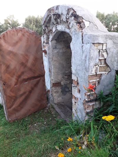 In Deremezna, Ukraine, an old, partially collapsed stone structure stands with an open, weathered wooden door. The structure appears to be an archway leading into darkness, with exposed brickwork and cracked concrete. An orange lily and some yellow wildflowers grow near the entrance. The ground is covered in green grass and some scattered stones. Trees are visible in the background.