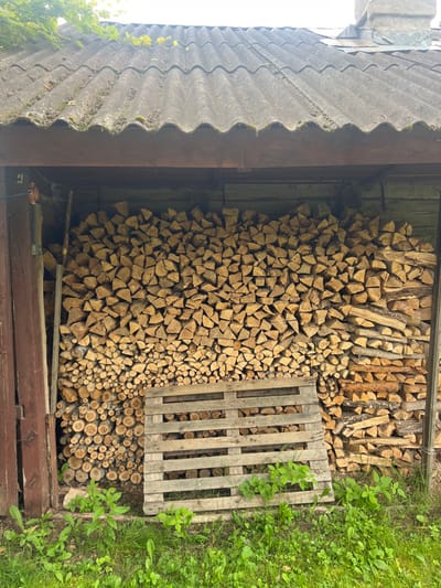 The image displays a woodshed or outdoor storage structure located in Strigailiškis, Lithuania. The structure features a prominent, corrugated, grey asbestos-cement roof with visible moss and weathering. Supporting the roof are dark brown wooden beams. The shed's interior is dominated by a substantial, densely packed stack of firewood, extending from the ground to near the roofline.
The firewood consists primarily of split logs, varying in size and shape, with many exhibiting triangular cross-sections. They are arranged in a horizontal stack, forming a solid wall of wood. Towards the bottom left of the stack, a section contains smaller, uniformly circular log pieces.
In the foreground, resting on its side and leaning against the firewood stack, is a light-colored wooden shipping pallet, its horizontal slats visible. The ground immediately in front of the shed is covered with green grass and various broadleaf plants. On the far left, within the shed's framework, a dark wooden post partially obscures a long, narrow tool, possibly a shovel handle, leaning vertically. A small red-orange object, possibly a clamp or piece of equipment, is visible hanging from a wire or rope near the top of this post. The back wall of the storage area appears to be constructed from horizontal wooden planks or logs. In the background, a small, light-colored chimney is visible on a roofline beyond the shed. No individuals are present in the scene. The lighting suggests natural daylight under an overcast or partly cloudy sky.