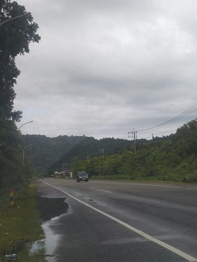 The image depicts a roadside view in Layeun, Indonesia, under an overcast sky. A paved road stretches into the distance, with a white lane marker. On the left side of the road, there is a grassy verge with a black and yellow striped pole, a puddle of water reflecting the sky, and some litter. A few sparse trees and bushes line the verge. On the right side of the road, dense green foliage forms a backdrop, with power lines and poles visible against the hazy sky. In the distance, a dark-colored SUV is driving on the road. A small cluster of buildings, possibly shops or houses, can be seen nestled among the trees on the right. Further in the distance, rolling hills covered in lush vegetation dominate the landscape.