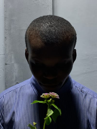 A close-up portrait, oriented horizontally, depicts an individual from the chest up, with their head positioned towards the left and their body extending to the right side of the frame. The person has dark skin and very short, dark, textured hair. Their face is largely obscured by deep shadow, making specific features and expression indiscernible, though an ear is visible on the right side of their head. They are wearing a collared shirt featuring thin horizontal stripes in shades of blue and white.

A small cluster of flowers is placed near the person's right shoulder, possibly tucked into a shirt pocket or held against the fabric. The flowers have delicate, light pink and yellowish blossoms, accompanied by vibrant green leaves.

The background consists of a plain, light gray or white wall, which shows some subtle texture and minor imperfections. The lighting is dim, casting significant shadows over the subject's face and parts of their clothing, creating a strong contrast. No specific activity beyond posing is evident. There is no visible text in the image. The location context provided for this image is Ibasa, Nigeria.