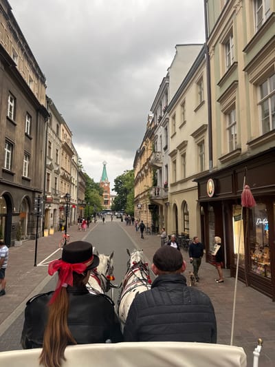 The image is taken from a horse-drawn carriage on a cobblestone street in Kraków, Poland, at the coordinates 50.065, 19.938. The carriage is moving down a narrow street lined with tall buildings. There are numerous people walking on the street, and some are sitting at sidewalk cafes. In the distance, the spire of a church or other building is visible. There are two horses pulling the carriage, and the person in the front of the carriage is wearing a black jacket and a black hat. The person behind them is wearing a black leather jacket and a red headband. The carriage is moving towards the viewer.