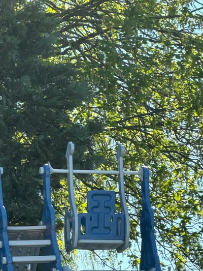 The image depicts a playground structure made of blue and grey plastic, situated in an outdoor area in Marche-en-Famenne, Belgium. The structure is partially visible, obscured by a dense collection of trees with bright green leaves and darker green shrubbery. The sky is visible in patches through the trees. The playground equipment appears to be a climbing structure, with various platforms and supports.