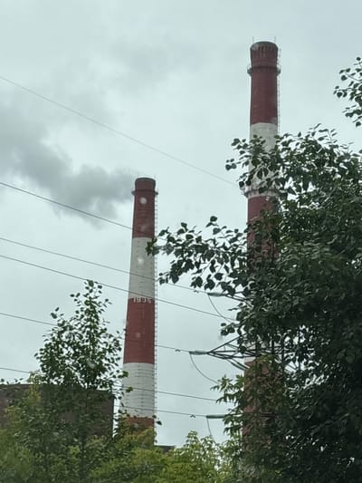 The image shows two industrial smokestacks in the city of Krasnokamsk, Russia. The smokestacks are tall, cylindrical structures with red and white banding. The left smokestack is emitting a plume of gray smoke, indicating active industrial activity. The right smokestack appears to be taller than the left one. Several power lines are visible in the foreground, crossing horizontally across the frame. Lush green trees and foliage partially obscure the lower sections of the smokestacks and the surrounding industrial buildings, suggesting a natural environment intermingled with industrial infrastructure. The sky is overcast and a dull gray, contributing to a somber atmosphere. The number "1935" is visible on the lower section of the left smokestack.