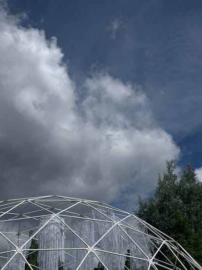 The image shows an outdoor installation, possibly an art piece, in Yunost', Russia. The installation features a geodesic dome structure made of white metal beams. Inside the dome, several cylindrical elements covered with what appear to be white, translucent streamers or threads are visible. These elements hang vertically. In the background, a dense green tree with visible leaves stands to the right, partially obscuring the sky. The sky above is a mix of dark blue and large, fluffy white clouds, suggesting a dynamic weather condition. The perspective is from below, looking up towards the structure and the sky. There are no people visible in the image.