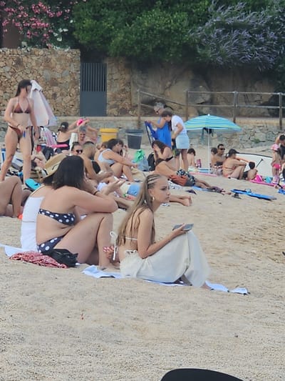 This media file captures a vibrant scene on a sandy beach in Blanes, Spain. The image is oriented vertically, with the viewer looking down at a gathering of people relaxing on the shore.
The primary subjects are a diverse group of individuals, including women and men, dressed in swimwear and casual beach attire. Many are seated or lying on the sand, some on beach towels or chairs. The scene is populated with various beach-related objects such as beach umbrellas providing shade, beach bags, and towels. Lush green foliage and a stone wall form the backdrop, suggesting a transition from the beach to a more vegetated area or a built-up environment.
The activity taking place is clearly leisure and relaxation. People appear to be sunbathing, chatting, and enjoying the beach environment. Some individuals are engaged with their mobile phones, while others are simply lounging. The time of day appears to be daytime, with ample sunlight suggesting it's likely a warm, clear day, typical of a Mediterranean climate. There are no visible signs of text in the image. The overall mood seems relaxed and summery.