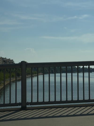This is a vertical, medium shot taken from a bridge overlooking a river and the cityscape of Frankfurt, Germany. The image is dominated by the sky on the left, which is a pale blue with wispy clouds. On the right, a metal railing runs horizontally across the frame, casting long, diagonal shadows onto the concrete walkway of the bridge.
Through the railing, a calm, grey river is visible. Along the riverbank, there is a tree-lined promenade with some buildings in the distance. The architecture of the buildings suggests an urban environment. The sun is out, indicated by the distinct shadows, and the lighting suggests it is daytime, possibly late morning or early afternoon. There is no visible text in the image. The scene evokes a sense of tranquility and urban landscape.