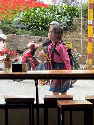 From an elevated vantage point through a window, the scene presents a partial view of a Sa Pa Ward, Vietnam street. A young girl is seen wearing a pink long-sleeved shirt and a traditional patterned skirt, sandals are on her feet and she has goods strapped to her back. She stands near the curb alongside a man in a gray baseball cap who is driving a red scooter. Vegetation is seen to the left, including vibrant red flowers, green bushes, and other plants. The road surface is visible, and above that is a red-and-yellow painted curb. Inside the window frame, tables and chairs are visible to the right. In the foreground, a small potted plant and various containers sit on the windowsill.