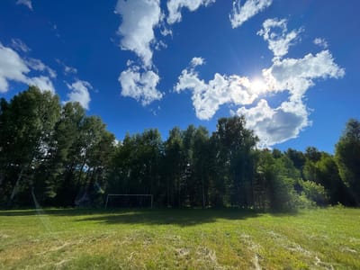 This is a horizontal, eye-level medium shot of a grassy field with a line of trees in the background. The sky is a vibrant blue with scattered white, fluffy clouds. The sun is visible in the upper right quadrant, shining brightly with visible sun flares. The sun appears to be partially obscured by clouds.
The foreground is dominated by a lush green field, with some areas of dry, yellowish grass. The field appears to be uneven. In the mid-ground, a dense line of various trees forms a natural backdrop. The trees are predominantly green, indicating summer foliage. Among the trees, a white soccer goal is visible on the left side of the image. The goal appears to be made of metal tubing.
The scene suggests a rural or park-like setting. The bright sun and clear blue sky indicate it is daytime, likely mid-morning or afternoon. The weather appears to be sunny and pleasant. There are no people or animals visible in the image. The overall mood is peaceful and natural. There is no visible text in the image. The presence of a soccer goal suggests the field might be used for recreational activities. The location context suggests this is in Zaruchny, Russia.