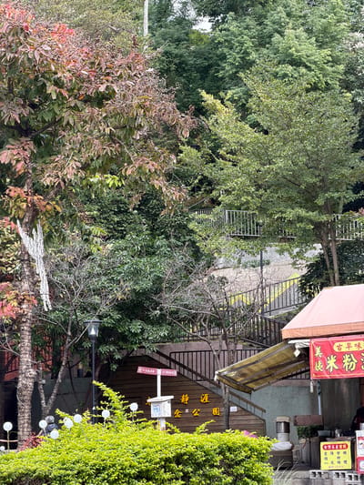 An overhead view captures a scene with a variety of greenery. Trees with varying shades of green and some with hints of red and brown leaves dominate the left side. A metal staircase leads to a pathway. On the right, a building with an awning and signage in Chinese characters is visible, partially obscured by a lush green bush. A decorative lamp post and a wooden wall with more Chinese characters add to the scene's cultural flavor.