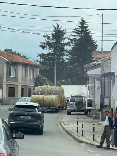 This image depicts a street scene in Rozino, Bulgaria, under an overcast sky. The view is from a vehicle moving forward, looking down a paved road.
In the immediate foreground on the left, a partial view of a gray car's side mirror and front fender is visible. Following this, a dark gray Volkswagen Tiguan, with Bulgarian license plate CB 4726 EO, is driving away from the viewer. Behind the Tiguan, a tandem-axle utility trailer loaded with five large, round hay bales is being towed. The hay bales are secured by green and blue straps. The trailer has a Bulgarian license plate visible as CB 4684 EA. This trailer is attached to a silver or white Mitsubishi Pajero SUV, which also has a Bulgarian license plate, BP CX 8041, and a spare tire mounted on its rear door, featuring an image of animals.
On the left side of the street, a two-story building with a light beige and darker beige striped facade and a red tiled roof is visible. It has several windows, some with white frames and others with dark brown shutters. Further back on the left, a larger pine tree is prominent, along with other dense green foliage.
On the right side of the street, a sidewalk with three black and white striped bollards separates the road from a building. Leaning against a part of this building is a man wearing camouflage pants, a white short-sleeved shirt with an emblem, a camouflage patterned hat, and dark boots. He is looking towards the left side of the street. Partially obscured behind him is a woman with dark hair. The building on the right has a light gray facade, a red tiled roof, and a dark blue awning over an entrance. An air conditioning unit is mounted on its exterior wall.
The background features several large, dark green pine trees and other deciduous trees. In the distant background, faint outlines of mountains are visible beneath the light gray, overcast sky. Multiple black utility lines crisscross the upper portion of the frame.