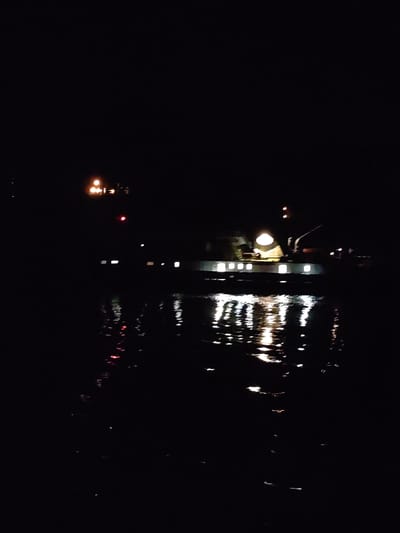 The image depicts a body of water at night, possibly a river or lake in Глебово, Russia, reflecting lights from a large vessel. The vessel is silhouetted against the dark sky, with a row of illuminated windows and a brighter spotlight near its center. Other scattered lights are visible in the distance, possibly from buildings or infrastructure along the shoreline. The water surface reflects these lights, creating a shimmering effect. The scene is dark, with limited visibility, typical of a nighttime setting.