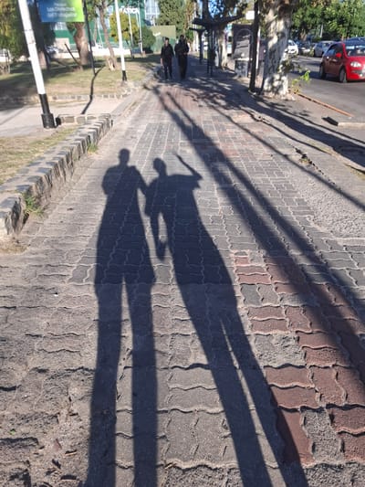 This image, rotated 90 degrees counter-clockwise, depicts an outdoor scene along a paved sidewalk and road in Villa Domínico, Argentina. The prominent feature is a series of long, dark shadows cast across the sidewalk, indicative of either early morning or late afternoon sunlight on a clear, sunny day.
The sidewalk is constructed from interlocking concrete pavers, predominantly gray, but with a distinct section of reddish-brown pavers forming a pattern on the right side. The surface shows some wear and scattered grit. On the left, a low curb separates the sidewalk from a grassy verge and a row of trees, which cast elongated shadows across the path.
Among the shadows, two human figures are clearly visible. One shadow shows a person holding a long object, possibly a stick, sword, or staff, raised above their head, suggesting a playful pose or action. Another human shadow is cast alongside it. Other shadows from trees and utility poles stretch across the sidewalk and road.
To the right of the sidewalk is an asphalt road where a red car and a darker vehicle are parked or moving slowly. In the mid-ground, actual people can be seen walking on the sidewalk, and several white and black poles or lampposts are spaced along the path. Further left, beyond the trees, a large green and white billboard is visible. Text on the sign clearly reads "Parque Los Derechos del Trabajador" (Park of Workers' Rights) and "GATICA" above it. The overall scene conveys a typical urban or suburban street with adjacent parkland.