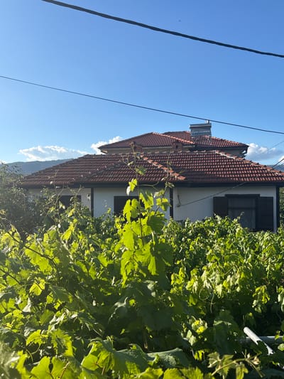 The image depicts a residential house in Strelcha, Bulgaria, partially obscured by lush green foliage, likely grapevines, in the foreground. The house features a terracotta-tiled roof and a white facade. A solar water heater is visible on the roof. In the sky, power lines stretch across the frame, and distant mountains are visible under a clear blue sky with some scattered clouds. The scene is bathed in sunlight, suggesting it was taken during the daytime.