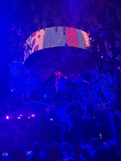 The image depicts an indoor event space, possibly a club or performance venue, bathed in predominantly blue and purple lighting. A large, curved LED screen displays a colorful, abstract pattern featuring pink, blue, and possibly red elements, with repeating floral or geometric motifs. Lush, artificial foliage, including large leaves and hanging plant-like structures, drapes from the ceiling and surrounds the screen, creating a jungle-like atmosphere.
Suspended in the air are two white, abstract human figures, one in a dynamic, outstretched pose. The scene is crowded with people, many of whom are silhouetted against the vibrant lighting. Their faces are largely obscured, but their presence suggests an active gathering. In the lower left corner, a small neon sign is partially visible, displaying text that includes "24-25 '07" and "RV VIL". Another sign with text like "14-15/0" and "SIMET PURE" is visible in the lower center. A subtle cross shape is illuminated in the background near the top right of the crowd. The overall impression is one of a lively, immersive entertainment experience. The location is specified as Lozenets, Bulgaria.