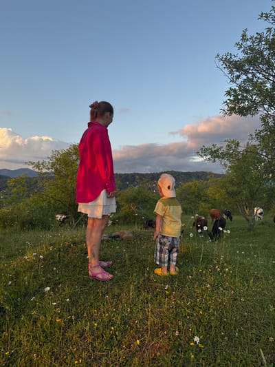 In Verkhniy Yurt, Russia, on a grassy hillside at dusk, a young woman in a bright pink shirt and a white skirt stands facing away from the camera, looking towards a herd of cattle grazing in the distance. Beside her, a young child wearing a yellow shirt, plaid shorts, and a white cap also faces away, observing the same scene. The sky is a soft blue with streaks of pink and orange clouds, indicating the setting sun. The hillside is covered in green grass and dotted with small white and yellow wildflowers. Trees with green foliage are scattered across the landscape, and in the background, hills covered in darker green vegetation form a distant horizon. A few scattered rocks are visible on the ground. The overall scene depicts a peaceful, rural evening in the Russian countryside.