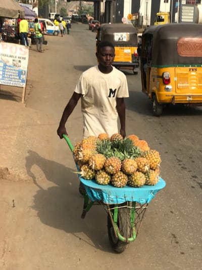 This image captures a street scene in Umuokpu, Nigeria, under bright daylight. In the foreground, a young Black male, dressed in a plain white short-sleeved t-shirt with a black capital 'M' on the chest, pushes a single-wheeled wheelbarrow. His eyes are lowered, and his posture suggests exertion. The wheelbarrow features a green metal frame and a light blue basin, which is heavily laden with numerous pineapples, exhibiting various stages of ripeness from green to yellow and orange. Distinct long shadows of the man and the wheelbarrow are cast on the light-colored, uneven road surface, indicating a low sun angle.
To the immediate left of the primary subject, a white rectangular signboard with blue text is visible, partially obscured. It advertises "POS AVAILABLE HERE" and services including "TRANSFER," "WITHDRAW," "DEPOSIT," "BUY AIRTIME," "PAY TV SUBSCRIPTION," and a phone number (7068848052). Further left, several individuals are visible near what appear to be market stalls or shaded areas, along with a white van.
The mid-ground and background reveal an active road environment. Multiple yellow motorized rickshaws, some marked with the "TVS" brand, are present on the asphalt road, with some moving away from the viewer. Other vehicles, including cars, are also visible in the distance. A large, dark-colored concrete overpass or bridge structure spans the road in the far background, with distant hills visible beyond it.