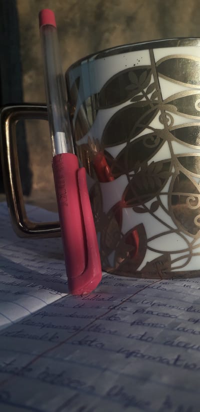 This media file captures a close-up, overhead view of a notebook with handwritten text resting on a patterned mug. A pink and clear ballpoint pen lies across the notebook and mug, its pink end resting on the notebook's page. The notebook's lines are blue, and red lines are visible. The mug has a white base with an intricate gold pattern resembling leaves and vines. A metallic handle is partially visible above the mug. The lighting suggests it is daytime, with shadows indicating natural light, possibly from a window. The image seems to be taken indoors, perhaps in a study or workspace. The handwritten text on the notebook is partially visible, with some legible words like "collection," "query," "proceed," and "into." The overall mood is calm and focused, suggesting a moment of writing or note-taking. There are no people or animals visible in the frame. The setting is likely Ogbomosho, Nigeria, as per the provided context.
