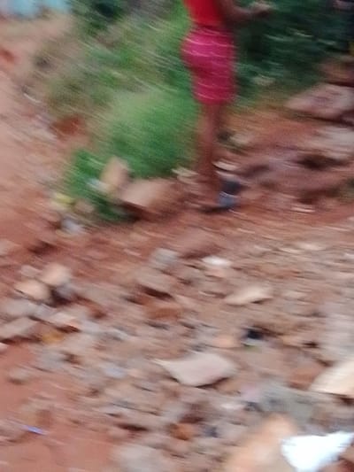 The scene depicts an outdoor environment in Nsugbe, Nigeria, characterized by reddish-brown, unpaved terrain containing scattered rocks and debris. Green vegetation, consistent with grass or small bushes, is visible on the right and upper mid-ground. A heavily blurred human figure is partially visible on the upper right side of the frame. The individual wears a red top and a striped, possibly pink or magenta, skirt or dress. Dark footwear is visible on the feet. The figure appears to be standing or in motion; specific actions or interactions are indistinct due to the image blur. No other individuals or clearly identifiable objects are discernible.