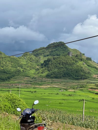 The image depicts a rural landscape in Quản Bạ Commune, Vietnam, under a dynamic sky. In the foreground, a dark blue scooter is parked amidst lush green vegetation and a field of corn. Behind the scooter, expansive, vibrant green rice paddies stretch across the middle ground, interspersed with terraced fields. A single utility pole stands to the right of the rice paddies. Dominating the background is a large, verdant mountain covered in dense trees, with some rocky outcrops visible on its slopes. The sky above is a mix of dark, moody clouds and brighter, diffused light. The overall scene suggests a natural and agricultural setting.