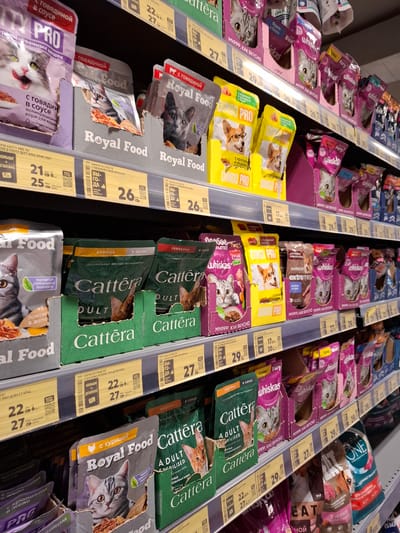 This is a medium shot, eye-level, still photograph taken inside a supermarket, likely a pet food aisle. The focus is on shelves stacked high with various brands and types of cat food pouches and boxes. The products are predominantly in purple, green, and yellow packaging, featuring images of cats and dogs. Many of the packages have text in Cyrillic script, indicating the brand, flavor, and type of food. Visible brands include "whiskas", "Royal Food", "DINGO PRO", and "Cattera". Some of the text indicates flavors like "с говядиной" (with beef), "Курица" (chicken), and "кроликом" (with rabbit). Prices are also displayed on yellow tags, with numbers like 21, 22, 25, 26, 27, and 29. The overall lighting suggests an indoor retail environment. The scene is static, with no people clearly visible, but the arrangement of the products implies a commercial setting where shoppers would select items. The focus is on the retail display of pet food products.