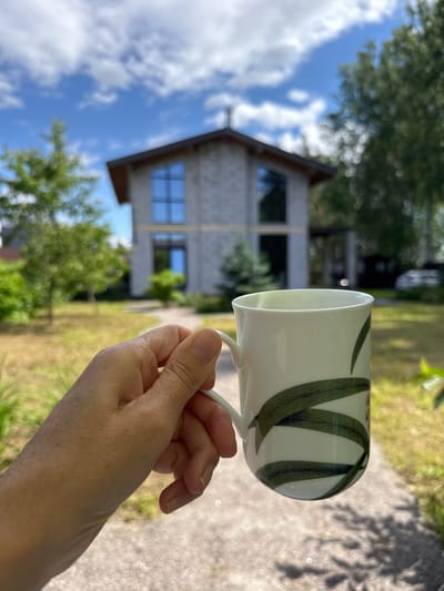 A person's hand holds a white mug with a green leaf pattern in the foreground. The mug is positioned to the right of the frame, with the hand holding the handle. In the background, a modern, light-colored house with large windows is visible. The house is surrounded by green trees and a lawn. A paved pathway leads towards the house. The sky above is blue with scattered white clouds. The overall setting suggests a residential area on a sunny day. The city of Steklyannyi, Russia is mentioned, but there are no specific visual cues in the image to confirm this location.