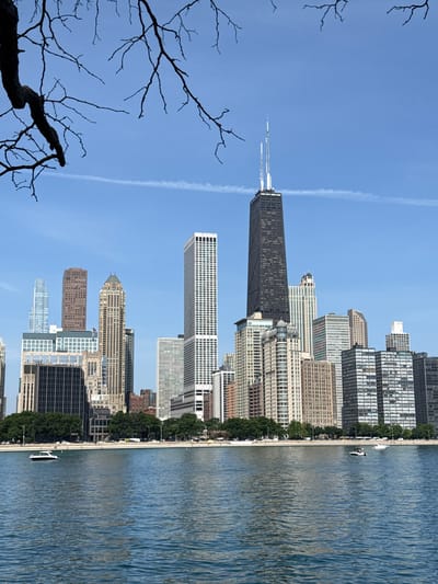 This media file captures a cityscape with a prominent skyscraper and a body of water. The scene appears to be set in Chicago, USA, as suggested by the architecture. A tall, dark skyscraper, likely the John Hancock Center, dominates the skyline, with several other modern buildings of varying heights and architectural styles clustered around it.
In the foreground, silhouetted bare tree branches are visible against a clear blue sky, indicating a cool or perhaps early spring/late autumn day. A faint white contrail stretches across the sky. The bottom right portion of the image shows a large expanse of blue water, reflecting the sky and buildings. A white boat is visible on the water, and a shoreline with trees and a sidewalk separates the water from the buildings.
The image is oriented vertically, with the sky and tree branches at the top, and the water and shoreline at the bottom. The buildings are arrayed along the water's edge. The overall impression is one of a serene urban landscape on a bright, clear day. There is no visible text in the image. The scene likely represents a daytime view, possibly late morning or afternoon, given the quality of light.