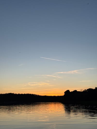 A vertical, full-frame shot captures a tranquil scene at sunset over the Gauja River in Carnikava, Latvia. The sky transitions from a pale blue at the top to a warm orange glow near the horizon, marked by wispy clouds and the distinct contrail of an airplane. Silhouetted against the colorful sky is a dense line of evergreen trees forming the riverbank. The water's surface is calm, reflecting the vibrant hues of the sunset and the dark outline of the trees, creating a mirror-like effect with gentle ripples disturbing the reflection. No people or animals are visible.