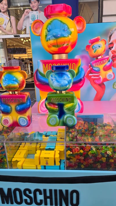 This is a medium shot of a vibrant display, likely in a retail setting, featuring a brand called Moschino. The display is dominated by colorful, bear-shaped objects that resemble perfume bottles, with a tie-dye pattern in shades of red, orange, yellow, blue, and green. One of these bear-shaped bottles is prominently featured in the foreground, appearing as if it's part of a larger installation.
To the right of the bear-shaped items, there is a transparent display case filled with numerous gummy bear candies in various colors. Below the gummy bears, there are stacks of small, yellow boxes, also branded with "MOSCHINO."
In the background, large posters or displays show close-ups of human faces and hands, along with the text "Dr.Jart+" and "Cryo Rubber," suggesting a collaboration or a related product line. The overall aesthetic is playful and eye-catching, with a strong emphasis on bright colors and a whimsical theme. The lighting suggests an indoor environment, possibly a store or a shopping mall, with bright, artificial illumination. The presence of the Moschino branding and the stylized product displays indicate a commercial and fashionable context.