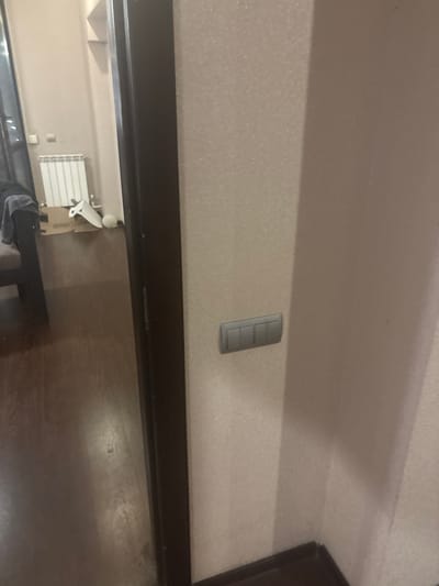 The image shows an interior scene, possibly a hallway or doorway. In the foreground, a dark brown door frame is visible on the right side. A light-colored wall with a textured finish is to the right of the door frame. Mounted on this wall is a gray light switch plate with three toggle buttons.
To the left of the door frame, a portion of a room is visible through an open doorway. This area has a dark wooden floor. In the background of this room, a white radiator is mounted on a light-colored wall. There are also some cardboard boxes and a white object on the floor near the radiator. The overall lighting is dim. There are no people visible in the image. The location is not specified in the image, nor can it be inferred from the visual content.