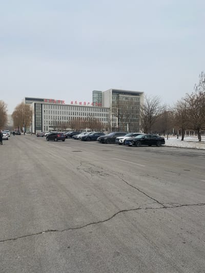 The image depicts an urban scene on an overcast day, likely in winter or early spring, given the bare trees and patches of snow on the ground. The perspective is from a street or parking lot looking towards a row of buildings.

In the foreground, a gray asphalt surface with visible cracks dominates the right side of the frame, suggesting a road or a large parking area. Along the left side, a row of dark-colored cars, predominantly SUVs and sedans, are parked parallel to the street, facing the buildings. Many of these vehicles appear new or well-maintained.

Beyond the parked cars, several multi-story buildings line the horizon. One prominent building in the mid-ground features a modern design with large glass windows on its upper floors and a more solid, lighter-colored facade below. Further to the left, another large building, primarily white or light grey, has several floors of uniformly spaced windows. Red Chinese characters are visibly mounted on the side of this building. These characters read "医大健康产业广场" (Yī Dà Jiànkāng Chǎnyè Guǎngchǎng), which translates to "Medical University Health Industry Plaza" or "Medical College Health Industry Plaza." This detail provides a strong location cue, aligning with the provided context of Shenyang City, China.

Bare deciduous trees, stripped of their leaves, are visible in the background between the buildings and on the far side of the road, with some patches of snow or frost beneath them. The sky is a uniform, light gray, indicating a heavily clouded day. No people are visible, and there is no overt activity taking place; the scene conveys a quiet, possibly cold, urban environment.
