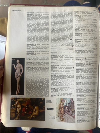 The image shows an open book with text and illustrations. The text is in Spanish and discusses various words starting with "DES" such as "DESNUDAR" (to undress), "DESNUDO" (naked), and "DESOLAR" (to desolate). The illustrations include a painting of a naked woman and a classical sculpture of a nude figure, possibly a representation of Adam and Eve, given the fig leaves. There is also a smaller illustration depicting a scene with multiple nude figures, some reclining and others in more dynamic poses. The overall context of the text and images suggests a dictionary or encyclopedia entry related to nudity, undressing, and desolation. The word "desnudo" is highlighted as a subject of discussion.