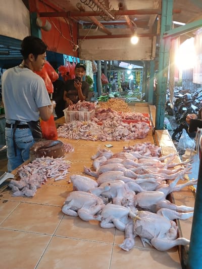 The image shows a wet market stall in Kutawaringin, Indonesia. The stall is located at coordinates -6.953, 107.524. There are numerous whole chickens and chicken parts spread across the stall, while a man stands to the left of the stall and another man stands behind a blue plastic box that contains more chicken parts. Both men are wearing short-sleeved shirts. The stall is set up under a large, open-air structure, with corrugated metal sheets and exposed wooden beams forming the roof. The floor is a mixture of smooth concrete and dirt. There is a large metal bucket to the left side of the image, and a plastic bag with a red logo sits near the front of the stall. The background of the image contains a number of various stall structures and a number of people that are blurry and indistinct. There is an area with a variety of potted plants behind the stall, and a small, dark figure in the background is looking through a display of bags with a large "PENU" sign printed on them. There is a motorcycle parked on the right side of the image, and a small, partially-obscured, white figure can be seen in the background. The image is shot with a bright, natural light source.