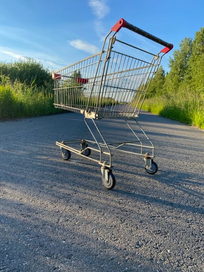 A lone shopping cart sits abandoned on an asphalt road in a rural area, possibly on the outskirts of the village of Gostitsy, Leningrad Oblast, Russia, given its unpaved surroundings and lack of urban infrastructure. The cart is made of metal with red plastic accents on its handles. It is positioned in the center of the road, which appears to be a two-lane asphalt path, suggesting it may be a disused or infrequently traveled road. The road is flanked by lush green vegetation, including tall grass and trees, indicative of a natural or semi-rural environment. The sky above is a clear blue with a few wispy white clouds, illuminated by the warm glow of what appears to be late afternoon or early evening sunlight, casting long shadows from the cart onto the road. The overall impression is one of stillness and abandonment.