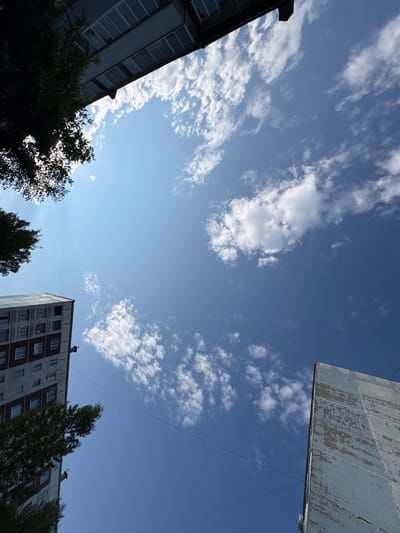 The image is an upward-looking view of a bright blue sky with scattered white clouds. In the lower left quadrant, a portion of a multi-story apartment building is visible, with windows and balconies. Adjacent to this building, the dark green foliage of a tree is seen, with sunlight filtering through its leaves. In the lower right quadrant, another section of an apartment building is visible, with a weathered facade. Utility wires are present, stretching across the sky. The scene suggests an urban environment in Mezhdurechensk, Russia, likely during daylight hours. There are no people or animals visible in the image.