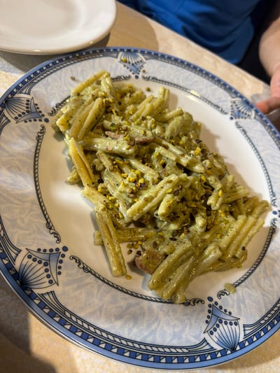A plate of pasta is presented on a patterned white and blue plate. The pasta appears to be a short, tubular variety, coated in a creamy, green sauce, possibly pesto. It is sprinkled with chopped pistachios and some darker specks, likely pepper or herbs. A person's arm and shoulder, wearing a blue shirt, are visible in the upper left corner of the frame, suggesting they are about to eat the meal. The setting seems to be a table, possibly in a restaurant, given the decorative plate. The lighting is warm and natural, indicating it could be daytime. The overall scene conveys a sense of casual dining. No visible text is present in the image.