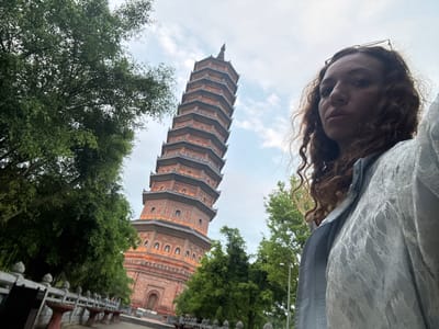 In the city of Tây Hoa Lư Ward, Vietnam, a woman with curly brown hair and glasses is captured in a selfie. She wears a light blue jacket over a lace garment. To her left, a towering, multi-tiered pagoda stands prominently against a cloudy sky. Lush green trees flank the pagoda and frame the left side of the image. In the foreground, a decorative stone railing runs along a walkway, with red-capped pillars supporting it.