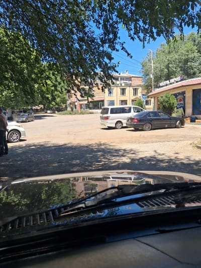 The image depicts a street scene in Yeghegnadzor, Armenia. The foreground is dominated by the hood and windshield of a dark-colored vehicle, reflecting the surrounding environment. In the mid-ground, several vehicles are present, including a white minivan, a black sedan, and a white passenger car. A person is standing near the white passenger car, appearing to be interacting with it. In the background, buildings with a light yellow facade are visible, one of which has "PEPSI" signage on it. Trees with green foliage are abundant throughout the scene, casting shadows on the ground. The sky is clear and blue. The overall environment appears to be a public area with roads and commercial establishments.