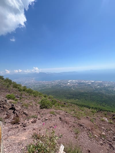 The image is a wide-angle, high-angle shot taken from a mountainside, likely Mount Vesuvius, looking down towards the city of Ercolano, Italy, and the Bay of Naples. The foreground is dominated by a rugged, rocky slope covered in volcanic soil and sparse green vegetation. Small pink flowers are visible in the foreground. In the mid-ground, a sprawling urban area with numerous buildings stretches along the coastline. Beyond the city, the Bay of Naples is visible, a large expanse of blue water. In the distance, hazy landmasses and mountains can be seen across the bay. The sky is clear and bright blue with a few scattered white clouds in the upper left corner. The overall impression is a vast landscape overlooking a densely populated coastal region.