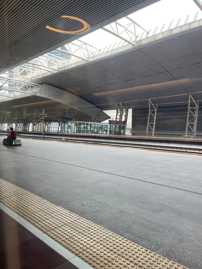 This image depicts a train station platform in Dongguan, China. The scene is largely empty, with a single person sitting on a luggage bag near the edge of the platform. The architecture of the station is modern, featuring a large, curved roof supported by a complex white metal structure. The roof is clad in horizontal metal panels, creating a textured effect. Natural light streams in through large glass panels, illuminating the interior.
The platform itself is paved with grey tiles, with a textured yellow strip running along the edge for safety. A brown textured material is visible along the edge of the platform, likely for tactile paving. Train tracks run alongside the platform, and a modern building with multiple glass-fronted levels is visible in the distance, beyond the tracks. Overhead, there are wires and support structures for the train system.
A large, orange semi-circular graphic is visible on a dark panel on the left side of the image, which could be part of the station's branding. Some signs with Chinese text are visible on the building in the distance, including a blue sign with white characters and a digital display board showing red text. The overall atmosphere appears to be quiet and functional, possibly indicating a time outside of peak hours. The lighting suggests it is daytime, and the weather appears to be overcast, as there are no strong shadows.