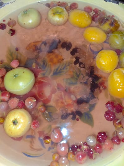 This media file captures a close-up view of a shallow, yellow-rimmed bowl filled with water and various fruits. The primary subjects are the fruits, which appear to be a mix of small apples, plums or apricots, berries, and possibly grapes. The fruits are submerged in a light pinkish liquid, with some appearing to float while others are partially submerged. The bowl itself has a floral pattern visible beneath the water's surface, with hints of red and blue designs. Small bubbles are dispersed throughout the liquid, suggesting recent movement or the presence of air.
The scene appears to be an indoor setting, possibly a kitchen or dining area, given the common use of such bowls for food preparation or display. There are no people visible in the frame. The lighting suggests it might be daytime, but the specific time or weather conditions cannot be determined. The context provided of "Қарғалы, Kazakhstan" offers a geographical location but does not provide further visual cues within the image itself.
The activity taking place is passive; the fruits are simply resting in the water. There are no dynamic actions or events depicted. Notable details include the variety of fruit colors and textures, ranging from the smooth, pale green of the apples to the deep red of the berries and the translucent quality of some of the grape-like fruits. The reflections on the surface of the water and fruits add depth to the image. No text is visible in the media file.