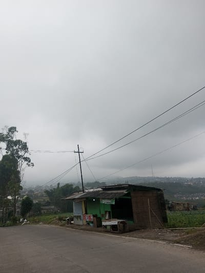 The image captures a static, outdoor scene of a rural or semi-rural landscape under an overcast sky. The overall impression is one of quietude and diffused light due to heavy cloud cover.
In the foreground, a paved road with an unpaved shoulder runs from the lower left towards the center-right, curving slightly. To the right of the road stands a small, rustic, single-story building, likely a local shop or kiosk. This building features a corrugated metal roof and is primarily painted a light green color. The right side of the structure appears to be constructed from vertical wooden or bamboo slats. On the left side of the green section, a pale-colored (possibly light blue or pale yellow) door or shutter is visible. Beneath the main opening of the shop, several colorful, possibly advertisement posters, are affixed to the facade. In front of the shop, there are a few items on the ground: a low, rectangular wooden and metal stand or table, and a larger wooden crate or structure next to it. A white banner with dark lettering hangs under the eaves of the green building; the text appears to read "SUSU" (meaning milk) followed by another word that is partially obscured but could be "SEGAR" (fresh), suggesting "Fresh Milk."
Behind the small building and slightly to its left, a dark utility pole with horizontal crossarms stands upright. Multiple black power lines extend from this pole, stretching across the frame, some running diagonally towards the upper right.
To the left of the road, a cluster of tall, leafy trees, predominantly green, partially obscures the view into the mid-distance. More scattered trees and dense green vegetation are visible beyond the road and around the small shop. To the right of the shop, there are cultivated fields with green leafy plants, possibly crops.
In the mid-ground and background, the landscape consists of rolling hills or mountains, shrouded in a hazy, light gray atmosphere caused by the low-hanging clouds or fog. Numerous small buildings and houses are scattered across these distant hillsides, indicating a dispersed settlement. A slender, tall tower (possibly a telecommunications or radio tower) can be faintly seen on a distant hilltop, piercing through the cloud cover on the right side of the frame.
The weather is distinctly overcast, with a uniform light gray sky dominating the upper portion of the image. There are no direct shadows, indicating diffuse light, making it difficult to pinpoint the exact time of day, but it is clearly daytime. No people or specific activities are visible in the scene, which appears still and uninhabited in the immediate foreground.