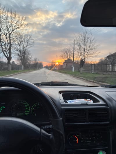 The image depicts a static viewpoint from the interior of a vehicle on a rural road in Lepitsa, Bulgaria, during either sunrise or sunset. The sky is partially cloudy with the sun visible low on the horizon, casting an orange-yellow glow through the clouds.

**Vehicle Interior:** In the immediate foreground, the left side of a dark-colored steering wheel is visible, partially obscuring the instrument cluster. The illuminated green instrument cluster shows a speedometer reading 0 km/h, a tachometer at 0 rpm, a digital display indicating "2149," and gauges for temperature (marked 'H' and 'C') and fuel (showing an empty tank symbol). To the right of the steering wheel, a dark dashboard features a central open storage recess containing a white packet of tissues, possibly branded "Essal." Below this recess are two horizontal air vents, and beneath them, a control panel with a circular dial illuminated orange/red, alongside buttons and switches for climate control functions including fan speed, mode, and A/C. A rearview mirror is visible at the top center of the windshield.

**Exterior Environment:** The vehicle faces down a straight asphalt road, which appears damp or reflective, receding into the distance. The road is flanked by grassy verges. Numerous deciduous trees, bare of leaves, line both sides of the road, their dark branches silhouetted against the sky. Wooden utility poles with visible power lines run along the right side of the road. In the midground and background, several detached, residential-style buildings with pitched roofs are visible on either side of the road. Fences and low walls delineate the property boundaries.
