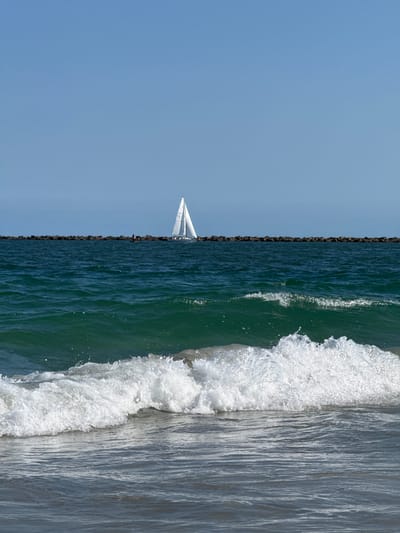 A sailboat with white sails glides across the ocean under a clear blue sky. A line of dark rocks forms a breakwater in the distance. In the foreground, a wave crests and breaks, its white foam a stark contrast to the deep green water. The shore is visible in the lower portion of the image, its wet sand reflecting the light. The image was taken in Wrightsville Beach, United States of America.