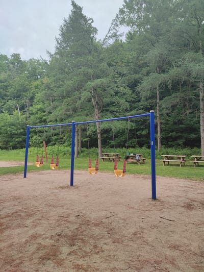 The image depicts an outdoor playground scene with a swing set and picnic tables in Saint-Bruno-de-Montarville, Canada. The swing set features a blue metal frame with a blue horizontal bar from which four yellow and red swings are suspended by chains. The ground beneath the swing set is covered with sand and pine needles. In the background, several wooden picnic tables with benches are situated on a grassy area. Behind the picnic tables and grassy area is a dense forest with tall evergreen and deciduous trees. The sky is overcast and a pale gray. There are no people visible in the image.