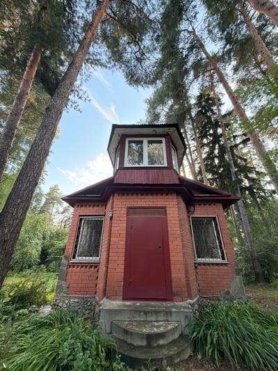 In the city of Udelnaya, Russia, a brick building with a red door and windows is pictured. The building is surrounded by tall pine trees and lush green foliage. The sky is blue with some wispy clouds, and the sun appears to be shining. The perspective is from a low angle, looking up at the building and the surrounding trees.