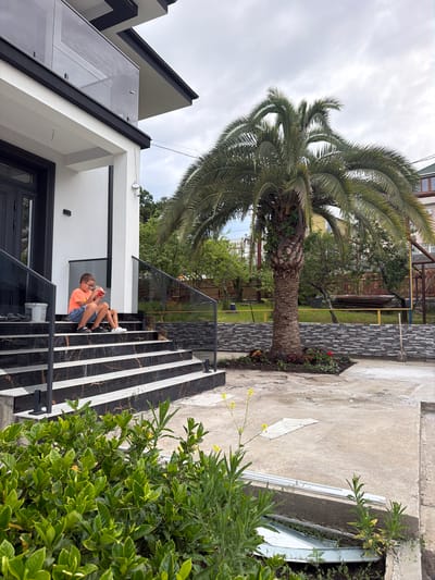 In Baranovka, Russia, two young boys are seated on the steps of a modern, multi-story house. The older boy, wearing glasses, an orange t-shirt, and blue shorts, holds a red object in his hands. The younger boy, visible behind him, is looking towards the older boy. The house features a white facade with black accents, a glass balcony railing, and large dark-colored double doors. The steps leading to the entrance are wide and made of black and white marble-patterned tiles, bordered by a sleek black metal railing. A tall palm tree stands prominently in the yard, next to a low stone wall. The surrounding area appears to be under construction or renovation, with some building materials and tools visible, including a shovel leaning against the wall. Lush green bushes and small yellow flowers grow in the foreground. The sky is overcast.