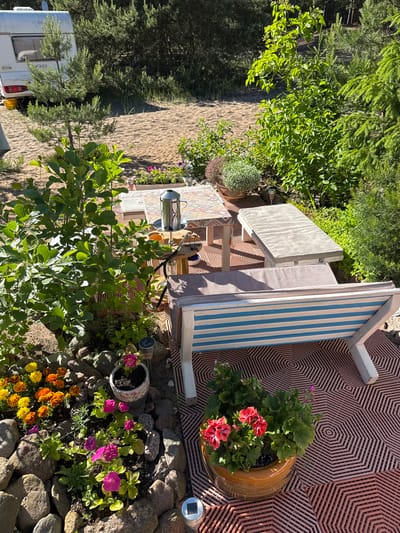This image depicts an outdoor seating area situated next to a sandy area, likely in Zelenaya Roshcha, Russia. A white camper van is parked in the background. The foreground features a patio made of red hexagonal tiles. On the patio, there is a low wooden bench with blue and white striped cushions, a small table with a decorative mosaic top, and a concrete bench. Various potted plants and flowers are arranged around the seating area, including marigolds, petunias, and geraniums. The scene is surrounded by lush green foliage and trees, suggesting a natural environment. The lighting indicates it is daytime.