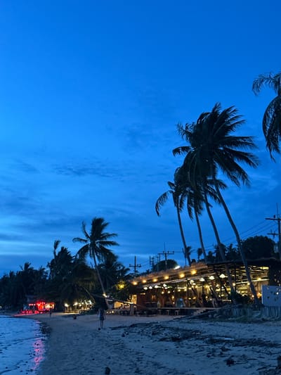 The image depicts a beach scene at dusk in the Ko Pha-ngan District, Thailand. The sky is a deep blue, with hints of lighter blue and scattered clouds. Several palm trees, silhouetted against the sky, are prominent in the foreground and midground. On the beach, a sandy area stretches along the shoreline, with the ocean visible to the left.
Along the beach, there is a long, open-air structure with a thatched roof, illuminated by numerous lights. This structure appears to be a restaurant or bar, with tables and chairs visible. People are scattered throughout this area, some seated at tables, others standing. Further to the left, a stage with red lighting is set up, and a few individuals are present. A lone figure walks along the beach away from the water, and another person is seen walking near the restaurant. Debris, such as branches and leaves, is scattered on the sand. Electrical poles and wires are visible behind the restaurant, suggesting proximity to a developed area. The overall atmosphere is one of a lively evening on a tropical beach.