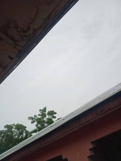 The image depicts an outdoor scene with a cloudy sky. In the foreground, there are two structures. The upper left portion of the image shows the underside of a dark brown, possibly wooden, overhang with some visible water stains or discoloration. The lower right portion of the image reveals a reddish-brown wall with a sloped roof above it. The roof appears to be made of dark material, possibly shingles, and has a white gutter or trim along its edge. Beyond the roof and wall, a cluster of green trees with dense foliage is visible against the pale sky. The image seems to be taken from a low angle, looking upwards. There are no people or animals present in the scene. The environment appears to be residential or possibly part of a building complex. There is no specific visual information to pinpoint the exact location within Girei, Nigeria.